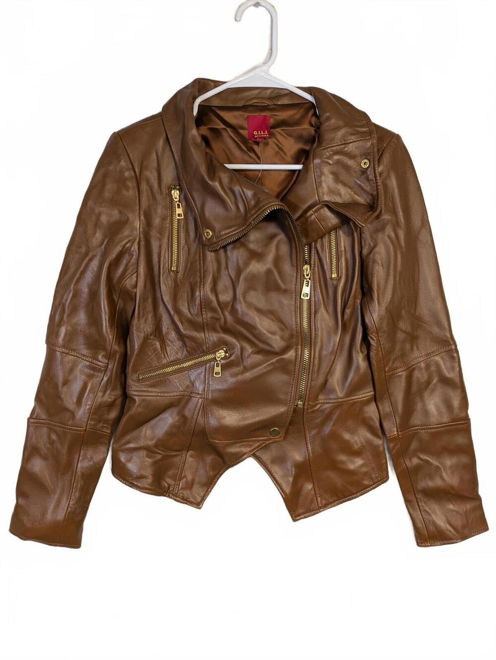 G.I.L.I. Brown Leather Moto Jacket Asym Zip Cropped Biker Style Womens 6